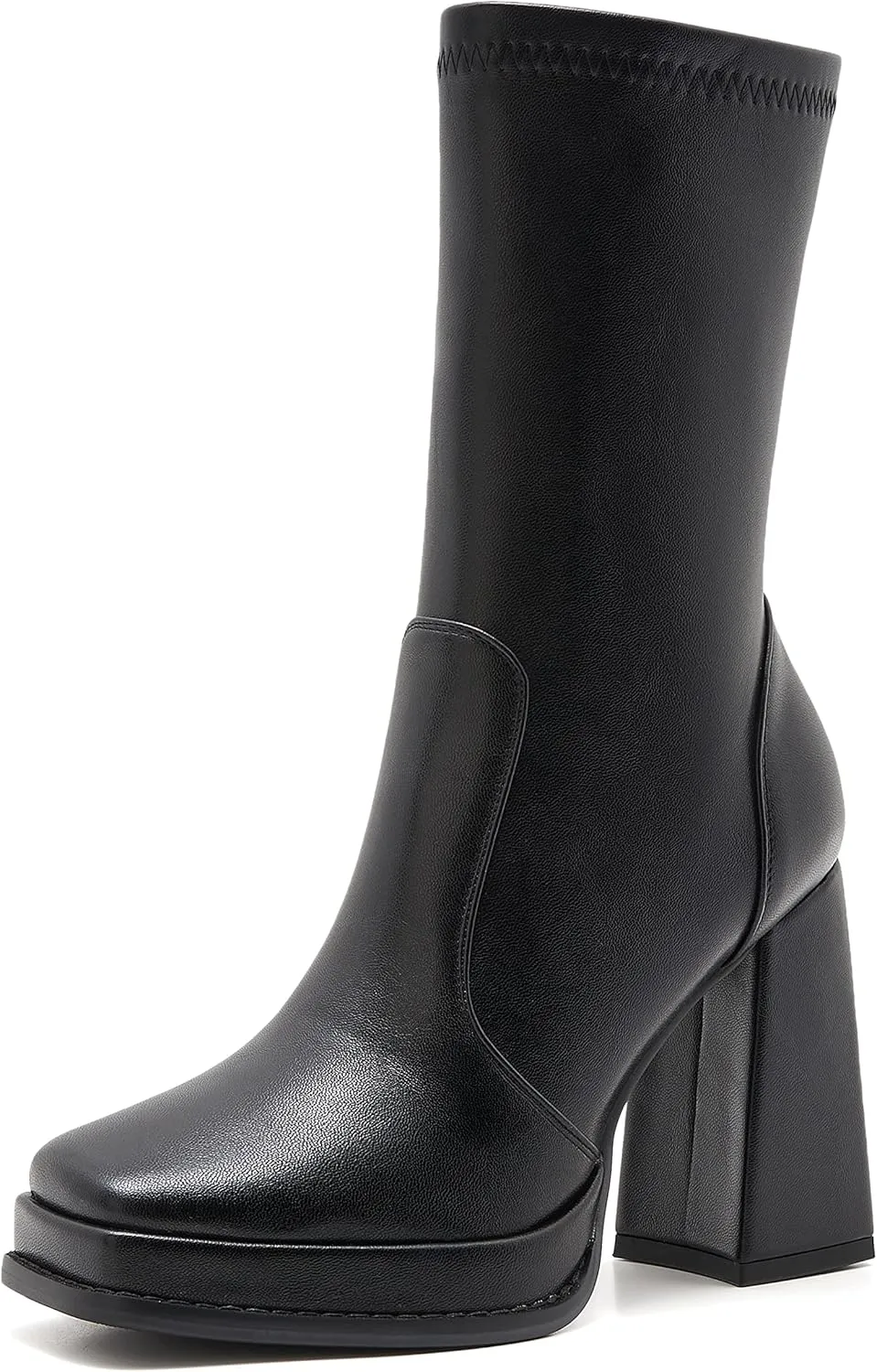 ZXHYZLZ Platform Boots For Women 70S Gogo Boots Chunky Heel Mid-Calf Zipper Square Toe Heeled Booties