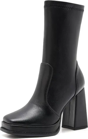 ZXHYZLZ Platform Boots For Women 70S Gogo Boots Chunky Heel Mid-Calf Zipper Square Toe Heeled Booties